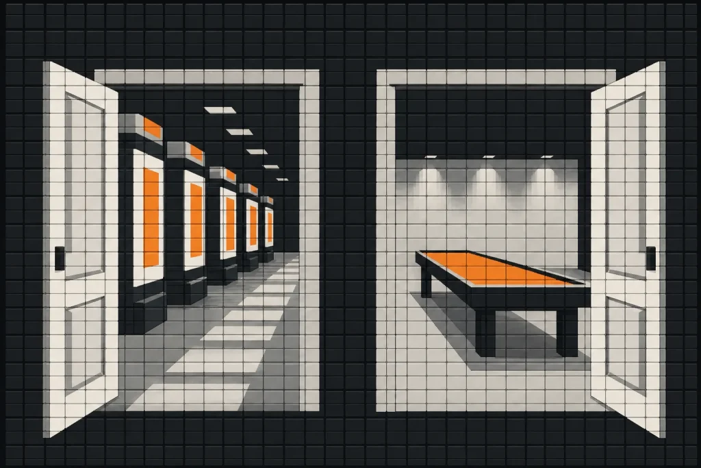 Illustration: zwei Räume, links Automatenspiel, rechts ein Spieltisch
